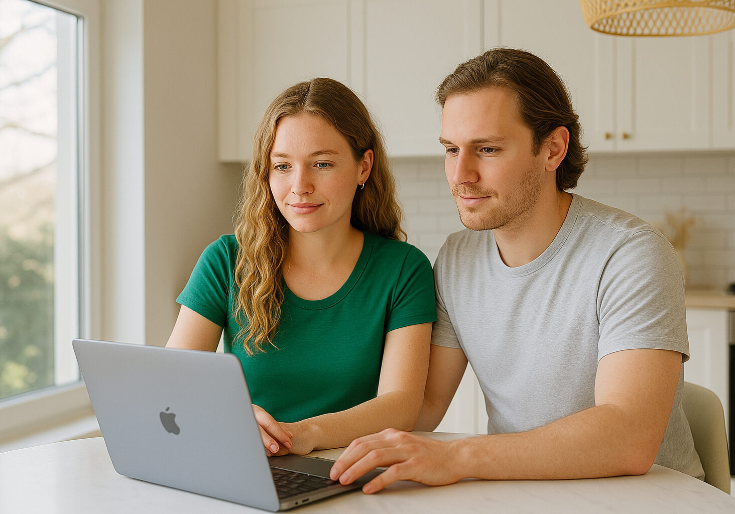 Hochzeits-Homepage-selbst-designen-bearbeiten-Faben-selbst-waehlen Zwei junge Menschen planen ihre Hochzeit online – entspannte Atmosphäre in einer stilvollen Küche
